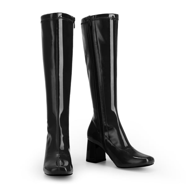 Desire Square Toe Chunky Knee High Gogo Boots - BLACK PATENT PU - 3